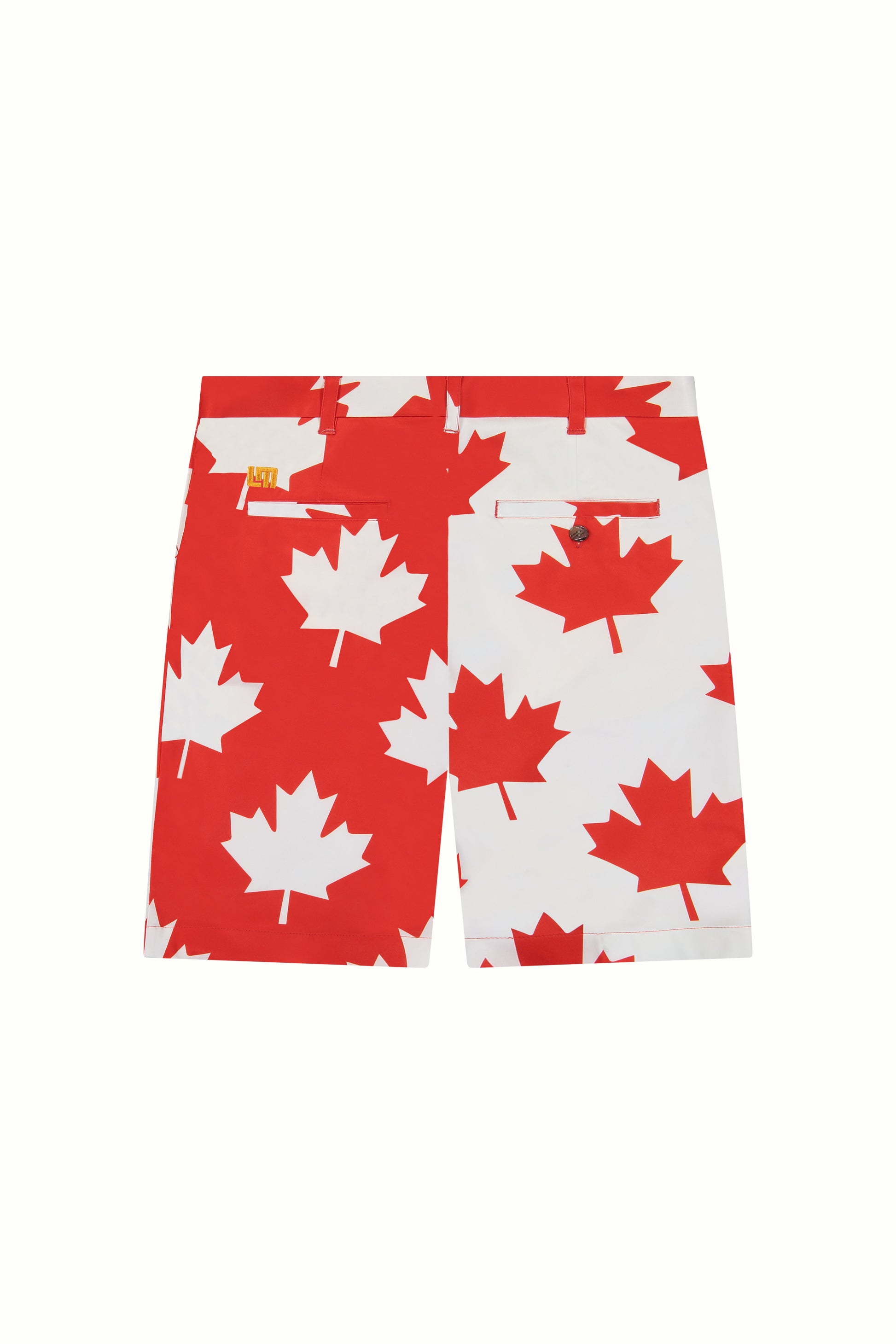 Red and white shorts with a maple leaf print