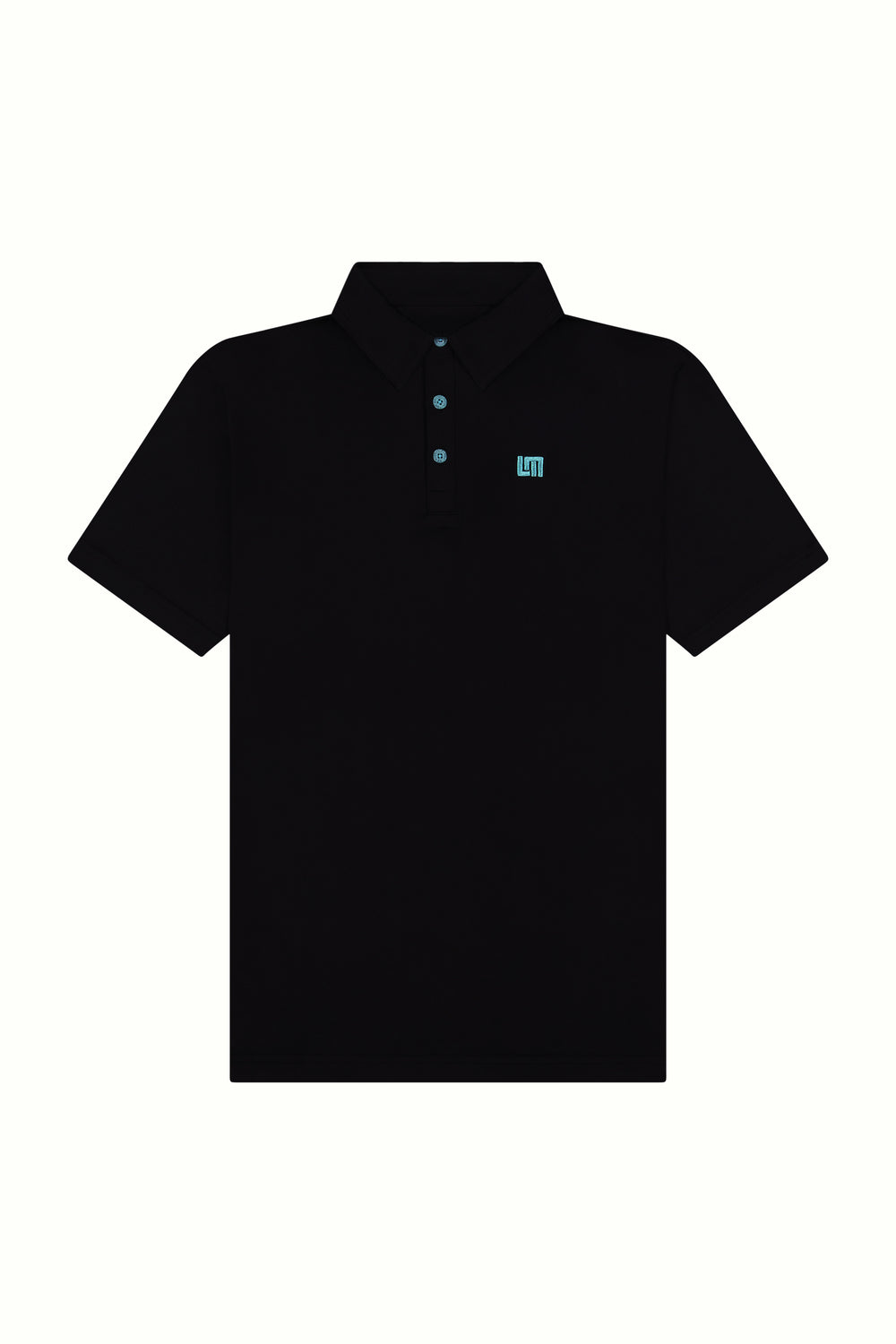 black polo with blue stitching