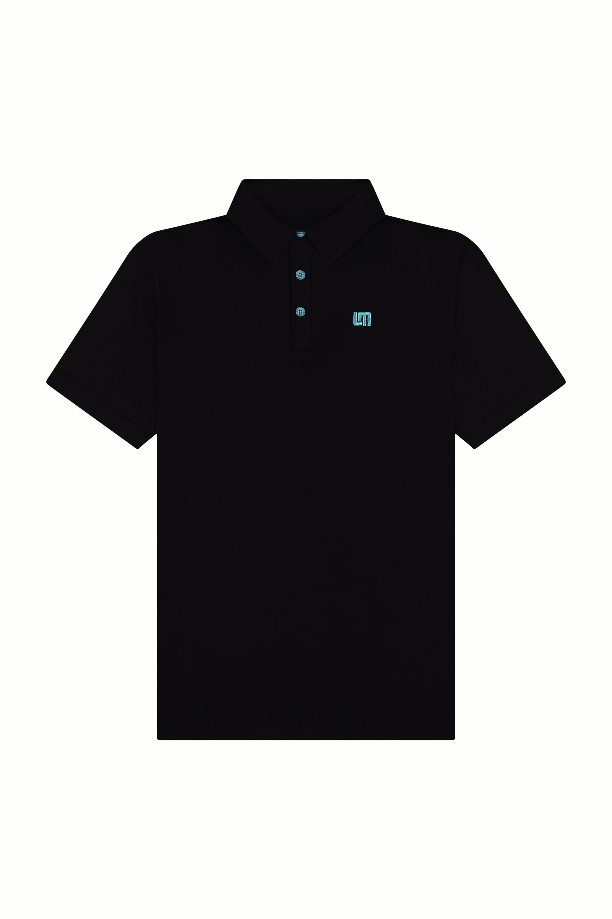black polo with blue stitching