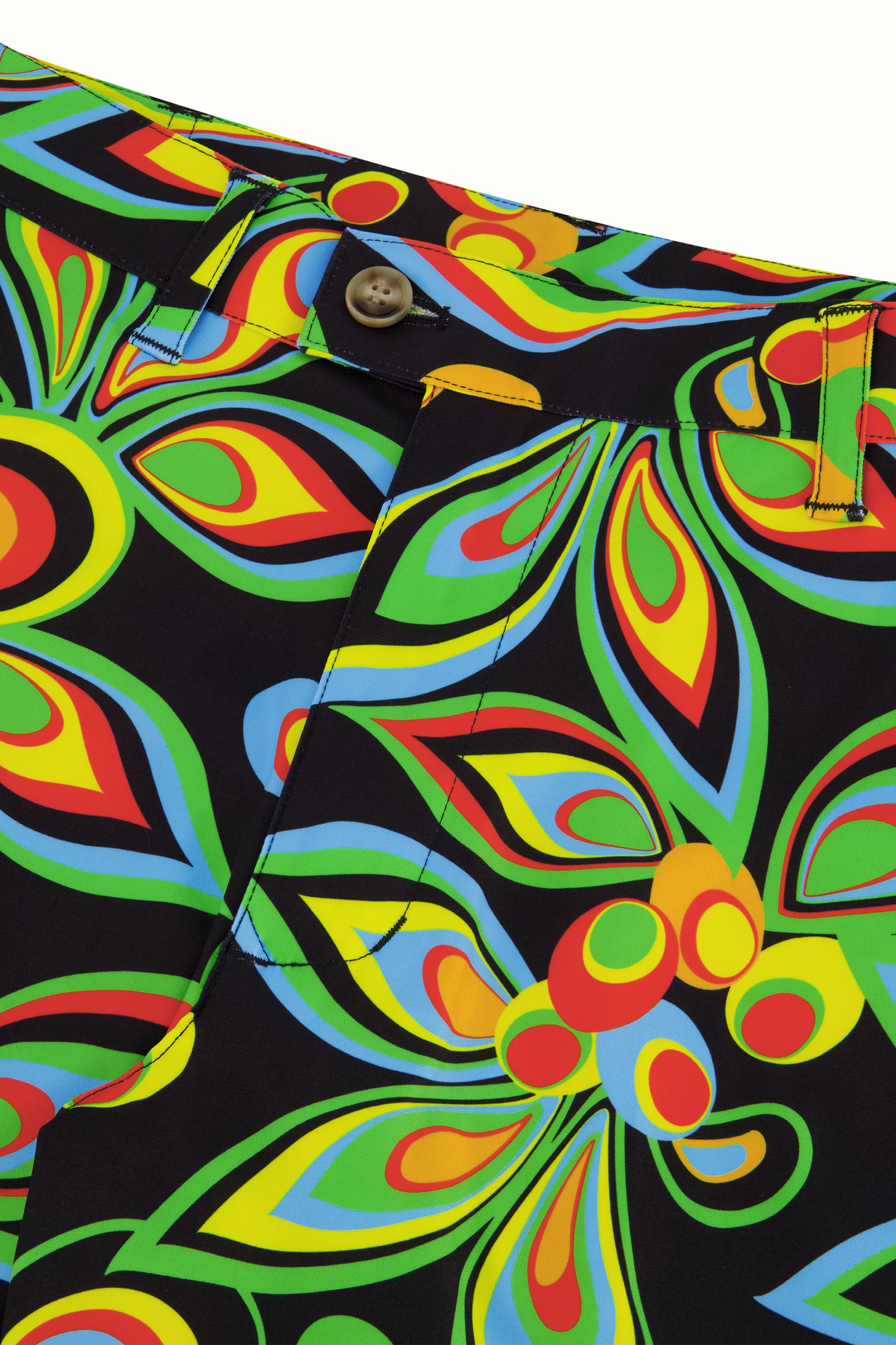 A short with a black background and colorful pattern
