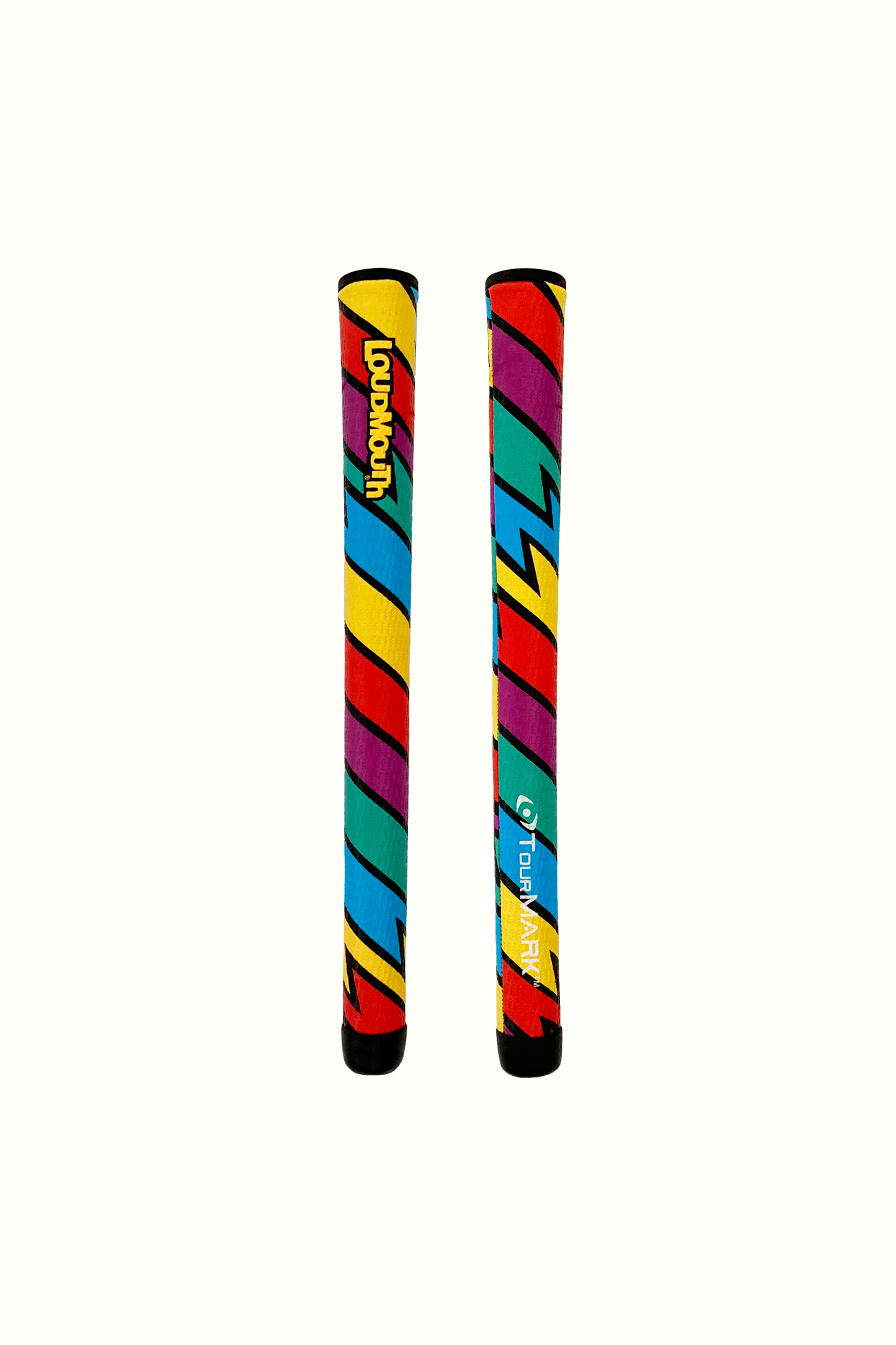 A pair of brightly colored golf grips