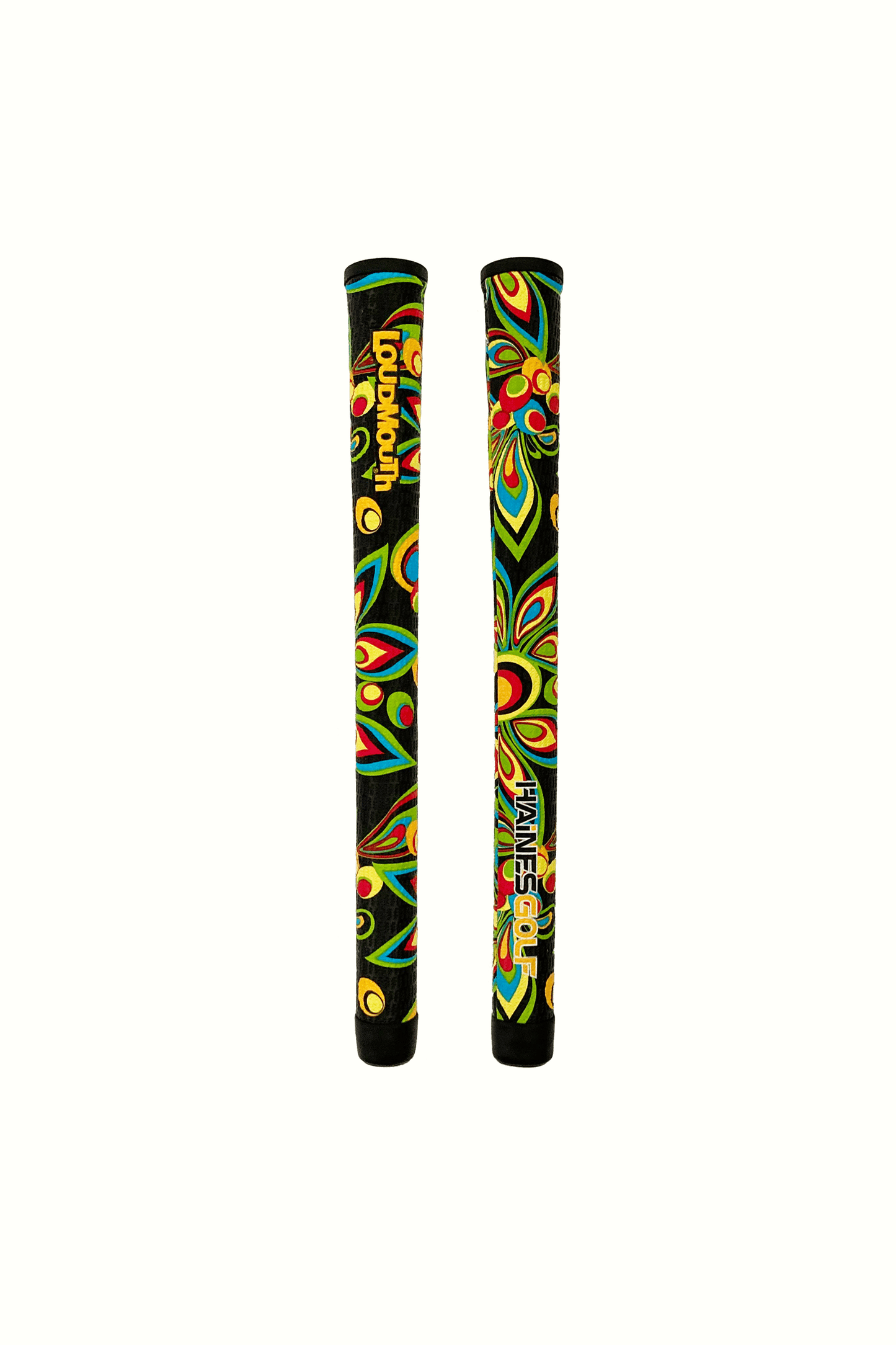 two swing grips with the Loudmouth logo and shagadelic print
