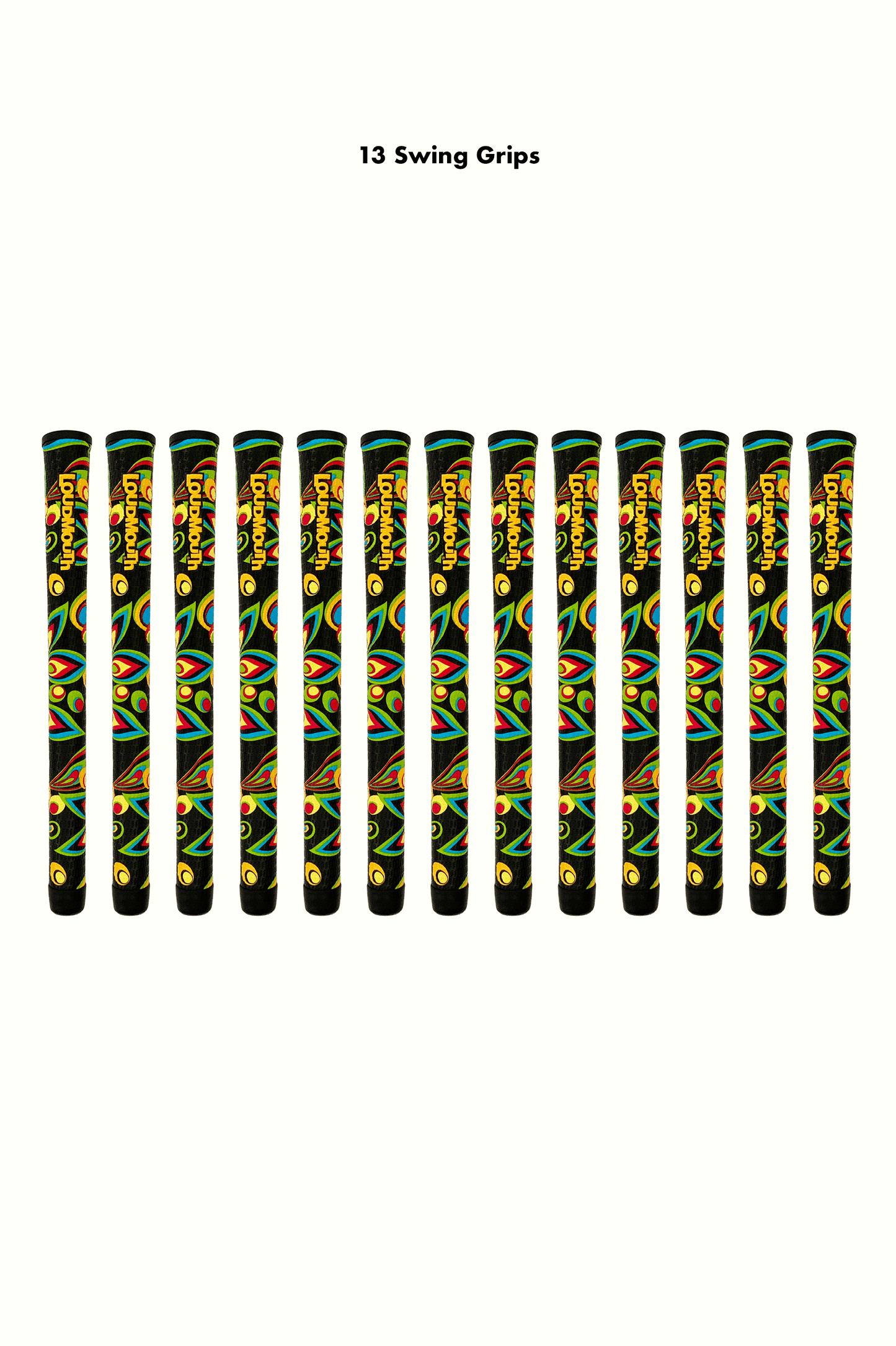 Thirteen swing grips with the Loudmouth logo and shagadelic print