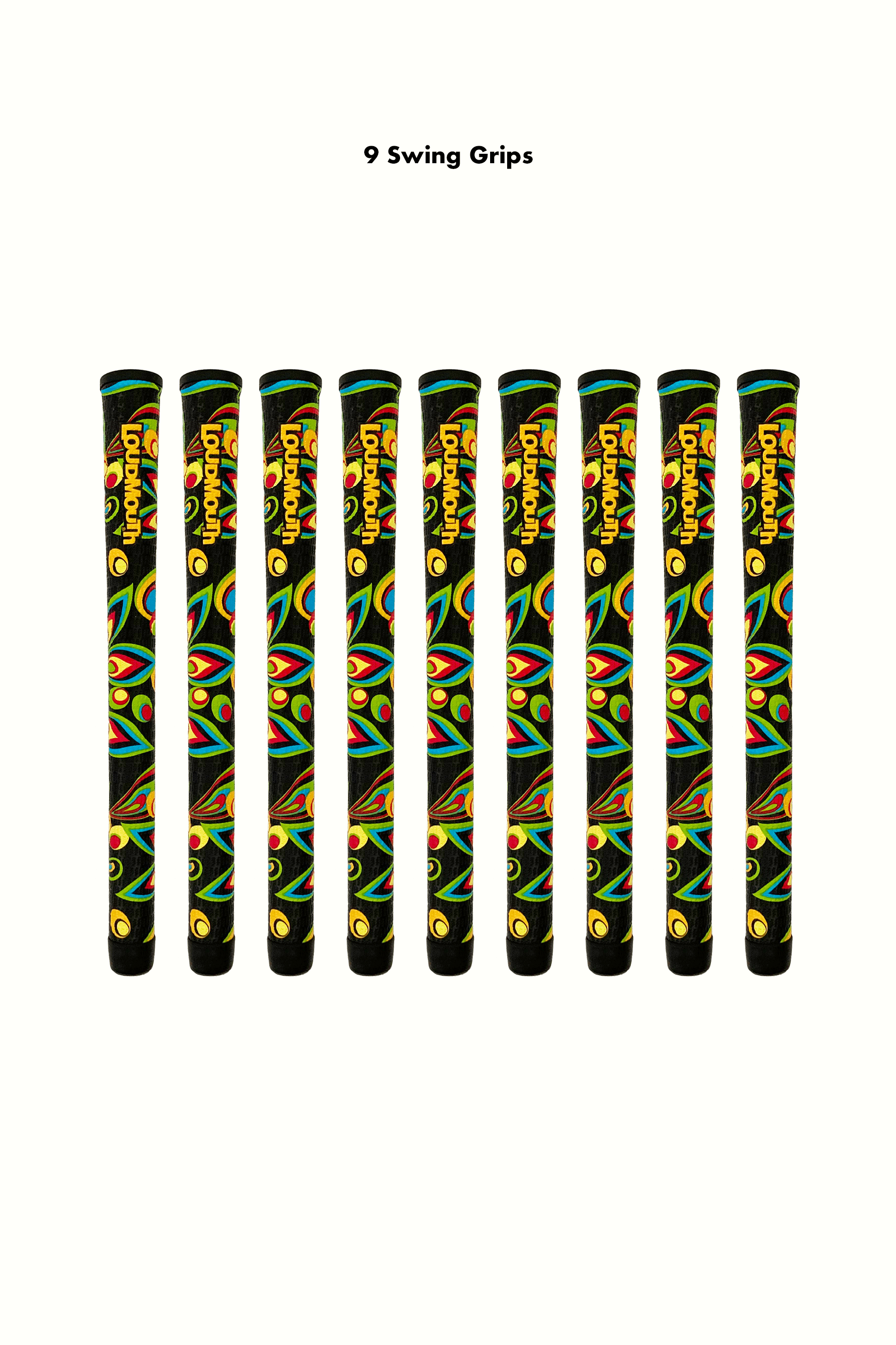 Nine swing grips with the Loudmouth logo and shagadelic print