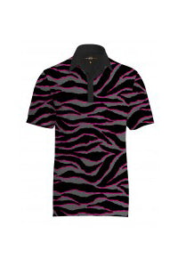 gray, pink and black stripe patterned polo